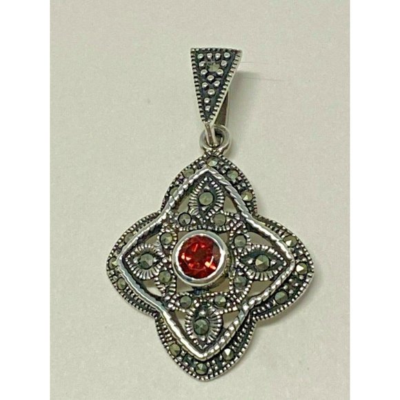 Sterling Silver 925 Ruby-Colored & Marcasite Diamond-Shaped Pendant Fine Jewelry - Picture 1 of 3